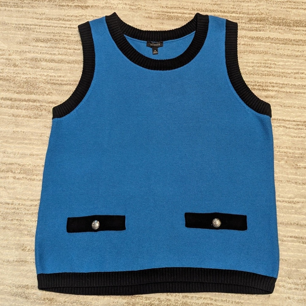 Talbots Sweater Vest Sz M Blue Black Knit Button Preppy Twee Academia Sleeveless